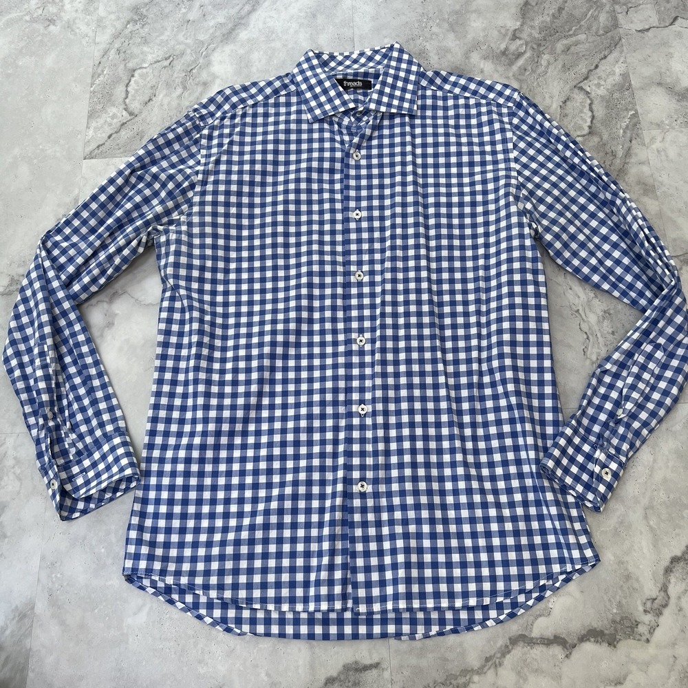 Threads Saks Fifth Avenue Mens Blue White Gingham Check Button Down Shirt Large